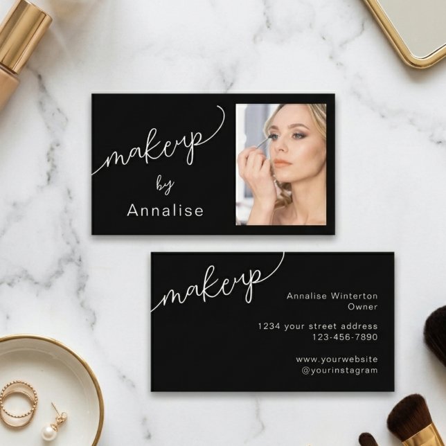 Black White Script Photo Makeup  Business Card (Creator Uploaded)
