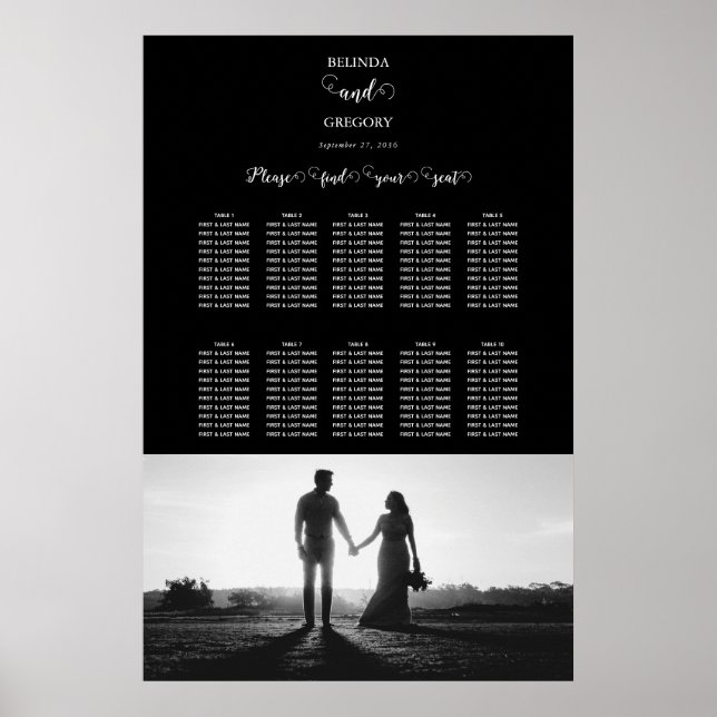 Black & White Script Photo Wedding Seating Chart (Front)