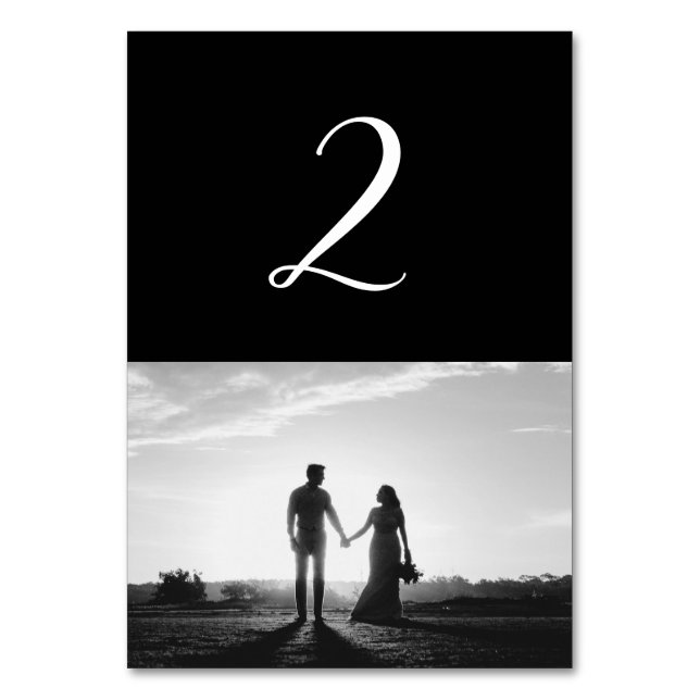 Black & White Script Photo Wedding Table Number (Front)