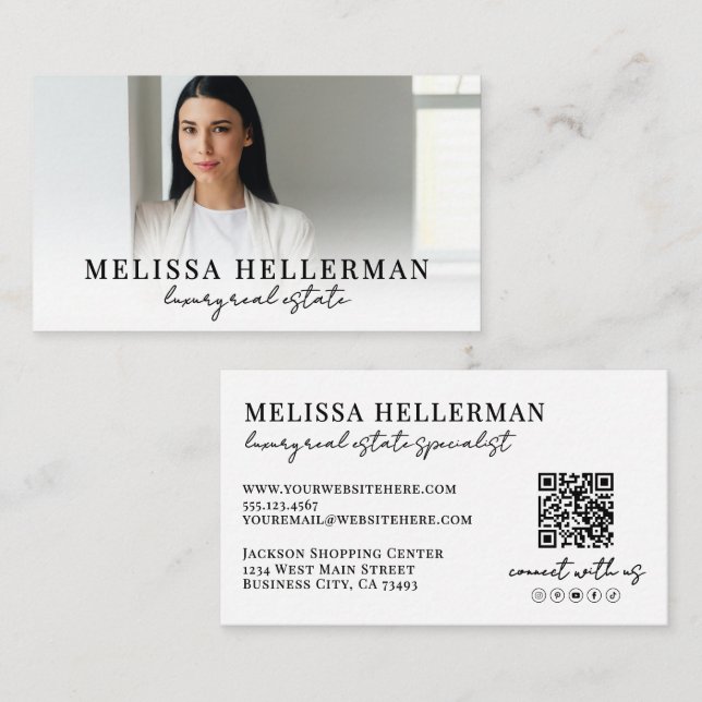 Black White Script Real Estate Business Card (Front/Back)