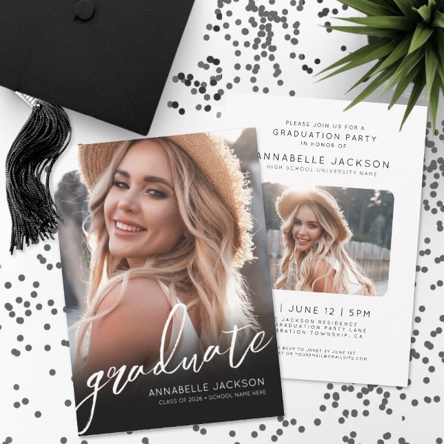 Black White Script Simple Photo Graduation Invitation (Black White Script Simple Photo Graduation Invitation)