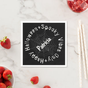 Black White Script Spooky Modern Happy Halloween Napkin