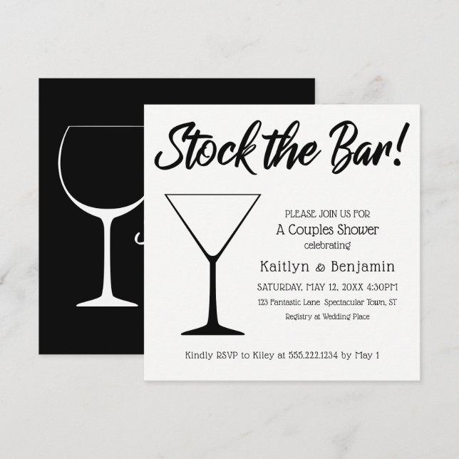 Black/White Script Stock the Bar Couples Shower Invitation (Front/Back)
