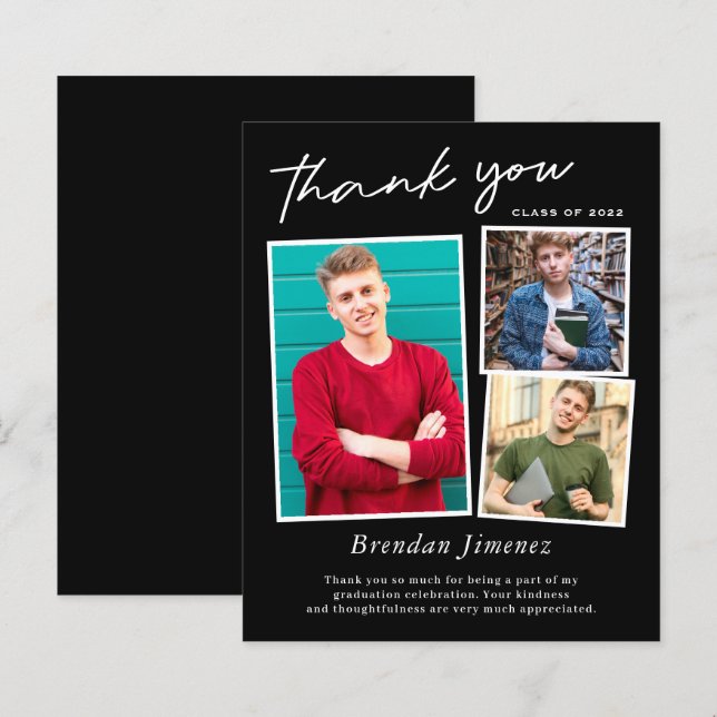 Black White Script Three Photo Graduation Thank Yo (Front/Back)