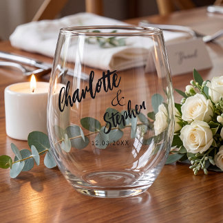  Black white  script wedding custom  Stemless Wine Glass