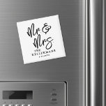 Black White Script Wedding Favor Magnet<br><div class="desc">Personalized Wedding Magnet Favor. These custom magnets feature a simple black and white design with a clean white background and crisp black fonts for a timeless look. “Mr. & Mrs” appears in large handwritten script, paired with a classic serif font for a balanced and elegant style. At the bottom, the...</div>