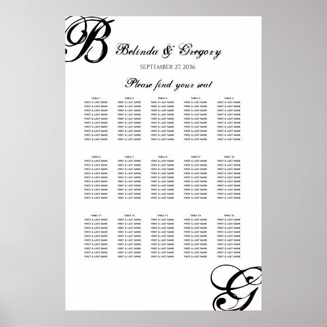 Black & White Script Wedding Seating Chart (Front)