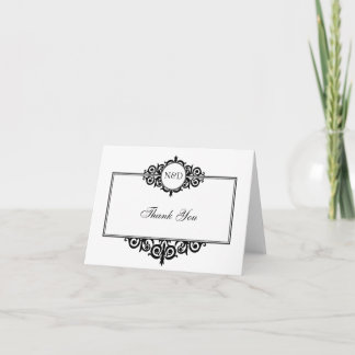 Black white scroll frame monogram thank you note card