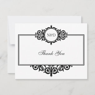 Black white scroll monogram thank you note flat card