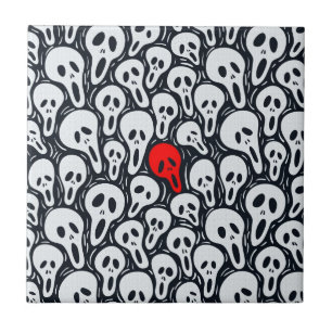 Black & White Sculls Pattern Touch Of Red Tile