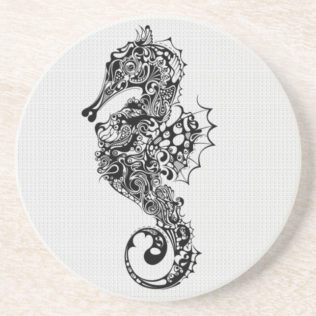 Black & White Sea Horse-Tattoo Art Coaster (Front)
