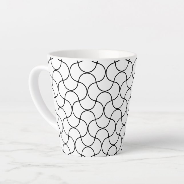 Black White Seamless Geometric Mesh Pattern Latte Mug (Left Angle)