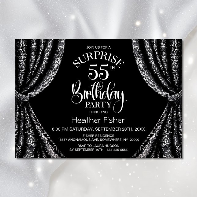 Black White Sequin Curtain Surprise 55th Birthday Invitation (Creator Uploaded)