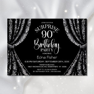 Black White Sequin Curtain Surprise 90th Birthday Invitation