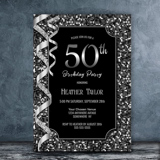 Black White Sequins 50th Birthday Party Invitation (Creator Uploaded)
