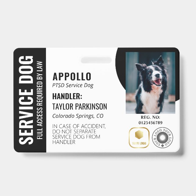 Black White Service Dog 2 Logos & Photo ID Badge (Front)