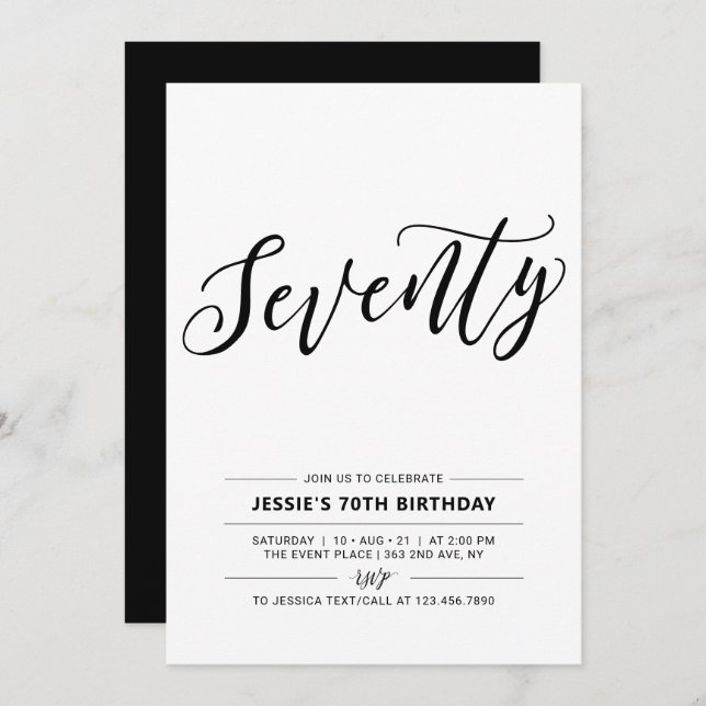 Black & White Seventy Minimal 70th Birthday Party Invitation (Front/Back)