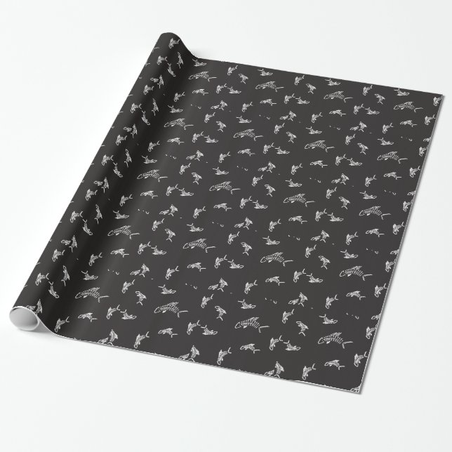 Black White Shark Fish Bone Gift Wrapping Paper (Unrolled)