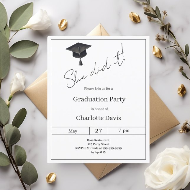 Black white She did it Graduation Party invitation (Creator Uploaded)