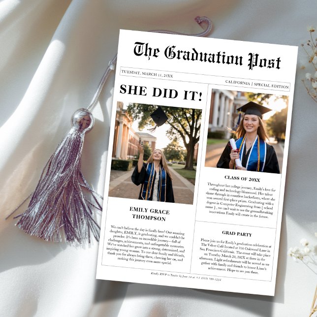 Black White She Did It Newspaper Graduation Photo Invitation (Creator Uploaded)