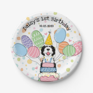 Black & White Sheepadoodle Dog Birthday Paper Plate