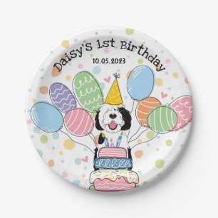 Black & White Sheepadoodle Dog Birthday Paper Plate