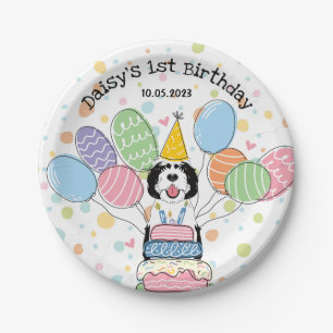 Black & White Sheepadoodle Dog Birthday Paper Plate