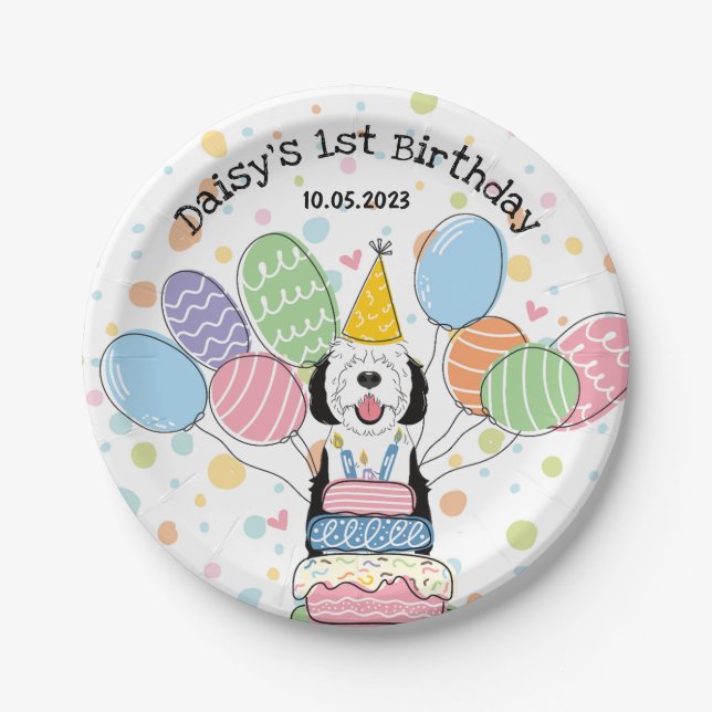 Black & White Sheepadoodle Dog Birthday  Paper Plate (Front)