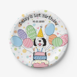 Black & White Sheepadoodle Dog Birthday Paper Plate