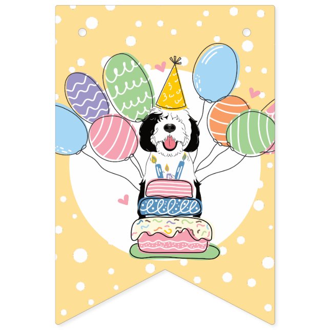 Black & White Sheepadoodle Dog Birthday Party Bunting (Seventh Flag)