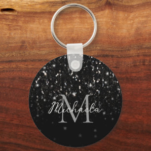Black white shiny glitter sparkles ombre Monogram  Key Ring