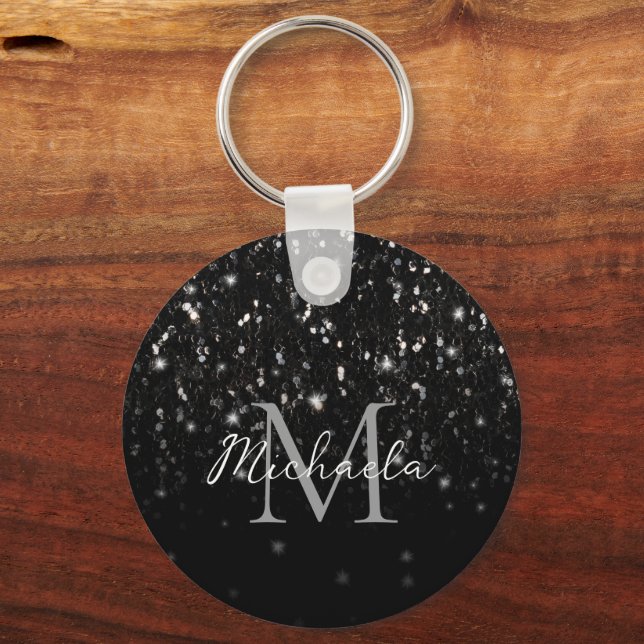 Black white shiny glitter sparkles ombre Monogram Key Ring (Front)