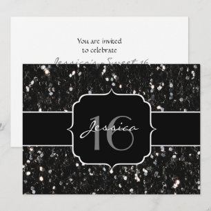 Black white shiny glitter sparkles Sweet 16 invite