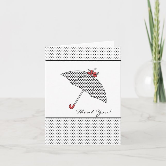 Black & White Shower Umbrella Thank You Note Card (Front)