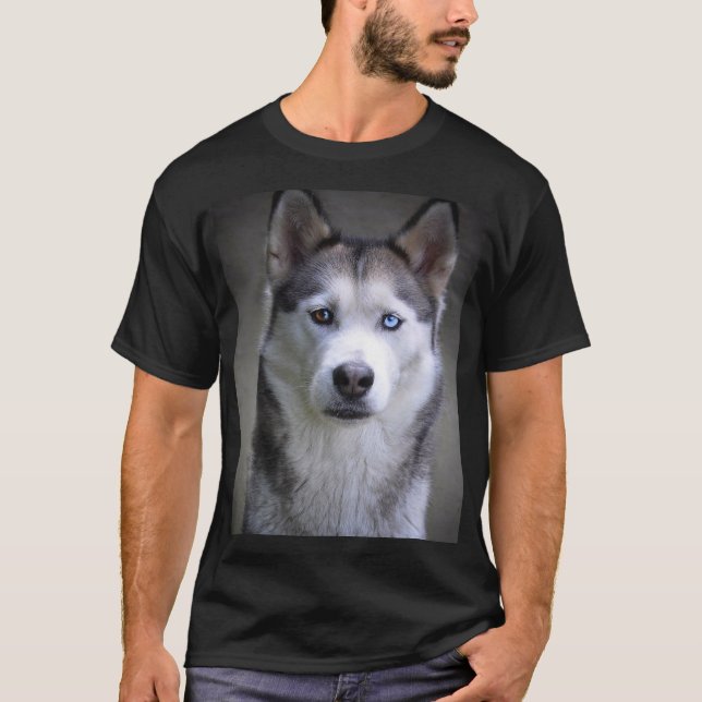 Black white Siberian Husky dog face T-Shirt (Front)