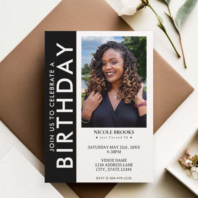 Black White Side Stripe Photo 50th Birthday Party Invitation (Black White Side Stripe Photo 50th Birthday Party Invitation)