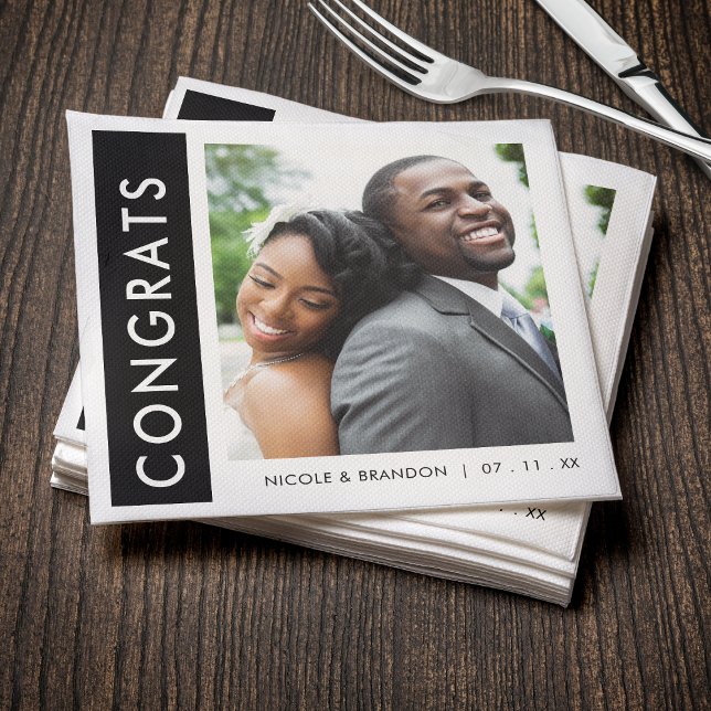Black & White Side Stripe Photo Congrats Wedding Napkin (Black & White Side Stripe Photo Congrats Wedding Napkins
)