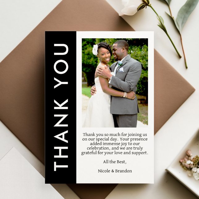 Black & White Side Stripe Photo Wedding Thank You Card (Black & White Side Stripe Photo Wedding Thank You Card)