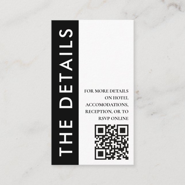 Black & White Side Stripe QR Code Wedding Details Enclosure Card (Front)