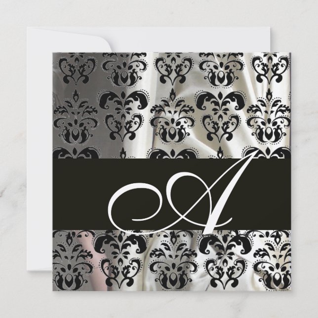 BLACK & WHITE SILK DAMASK CLOTH MONOGRAM Champagne Invitation (Front)