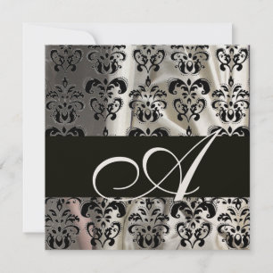BLACK & WHITE SILK DAMASK CLOTH MONOGRAM Champagne Invitation