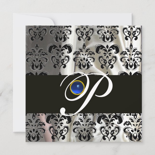 BLACK WHITE SILK DAMASK MONOGRAM BLUE SAPPHIRE INVITATION (Front)