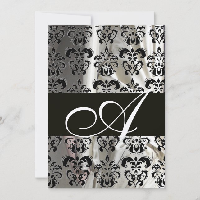 BLACK WHITE SILK DAMASK MONOGRAM CHAMPAGNE INVITATION (Front)