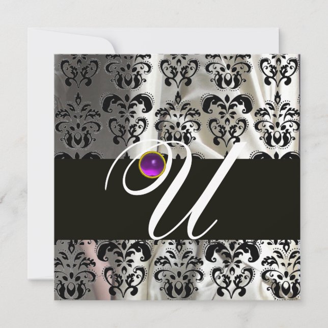 BLACK WHITE SILK DAMASK MONOGRAM PURPLE AMETHYST INVITATION (Front)
