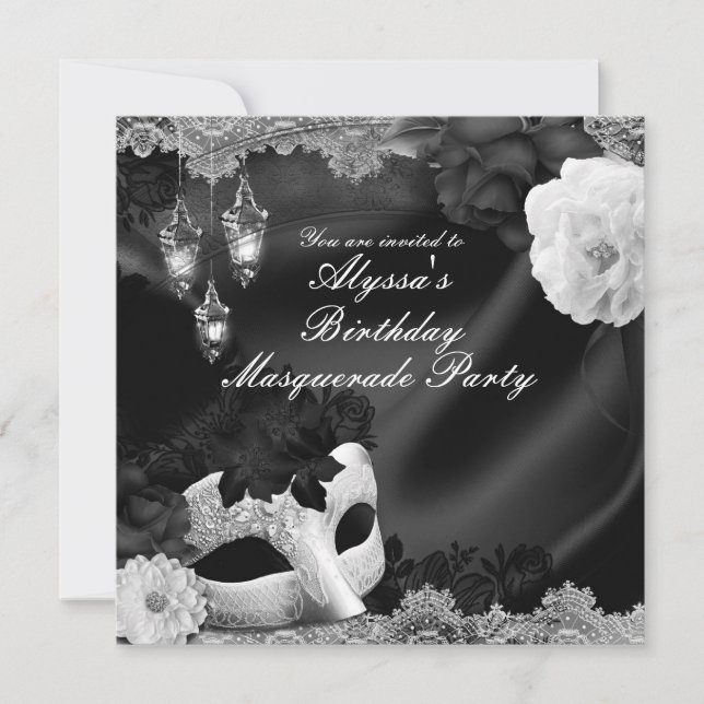 Black & White Silk Floral & Lace Masquerade Party Invitation (Front)