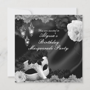 Black & White Silk Floral & Lace Masquerade Party Invitation