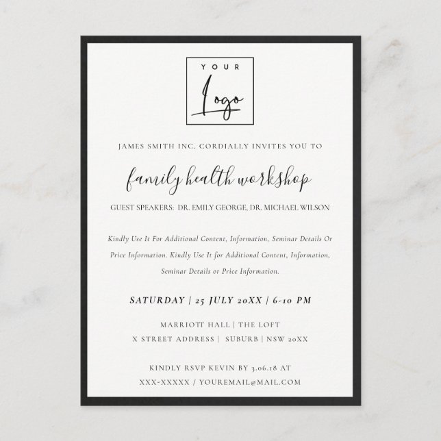 BLACK &  WHITE SILK YOUR LOGO WORKSHOP GALA EVENT  POSTCARD (Front)