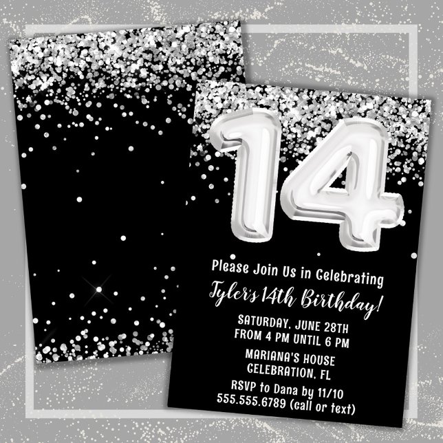 Black White Silver 14th Birthday Party Invitation (Black and White 14th Birthday Party Invitation)