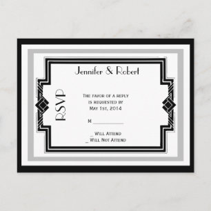 Black White Silver Art Deco Frame RSVP Postcard