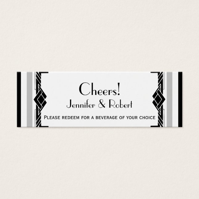 Black White Silver Art Deco Wedding Drink Tickets (Front)
